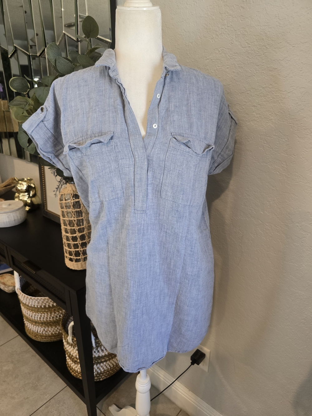 Zara Women’s Denim Top Blouse Shirt Dress Oversized Pockets S